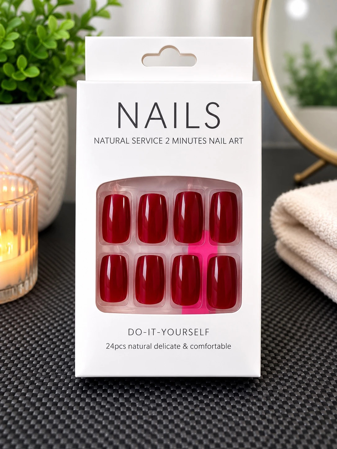Capsules ongles bordeaux brillants – 24 pièces – Neufs – Nail 2
