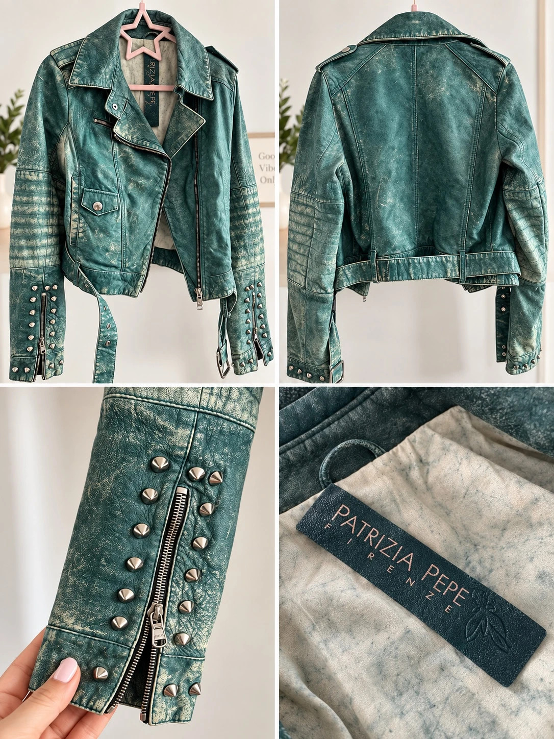 Perfecto Patrizia Pepe cuir véritable vert turquoise clouté T42 – Patrizia Pepe – taille XL / 42 / 14 2