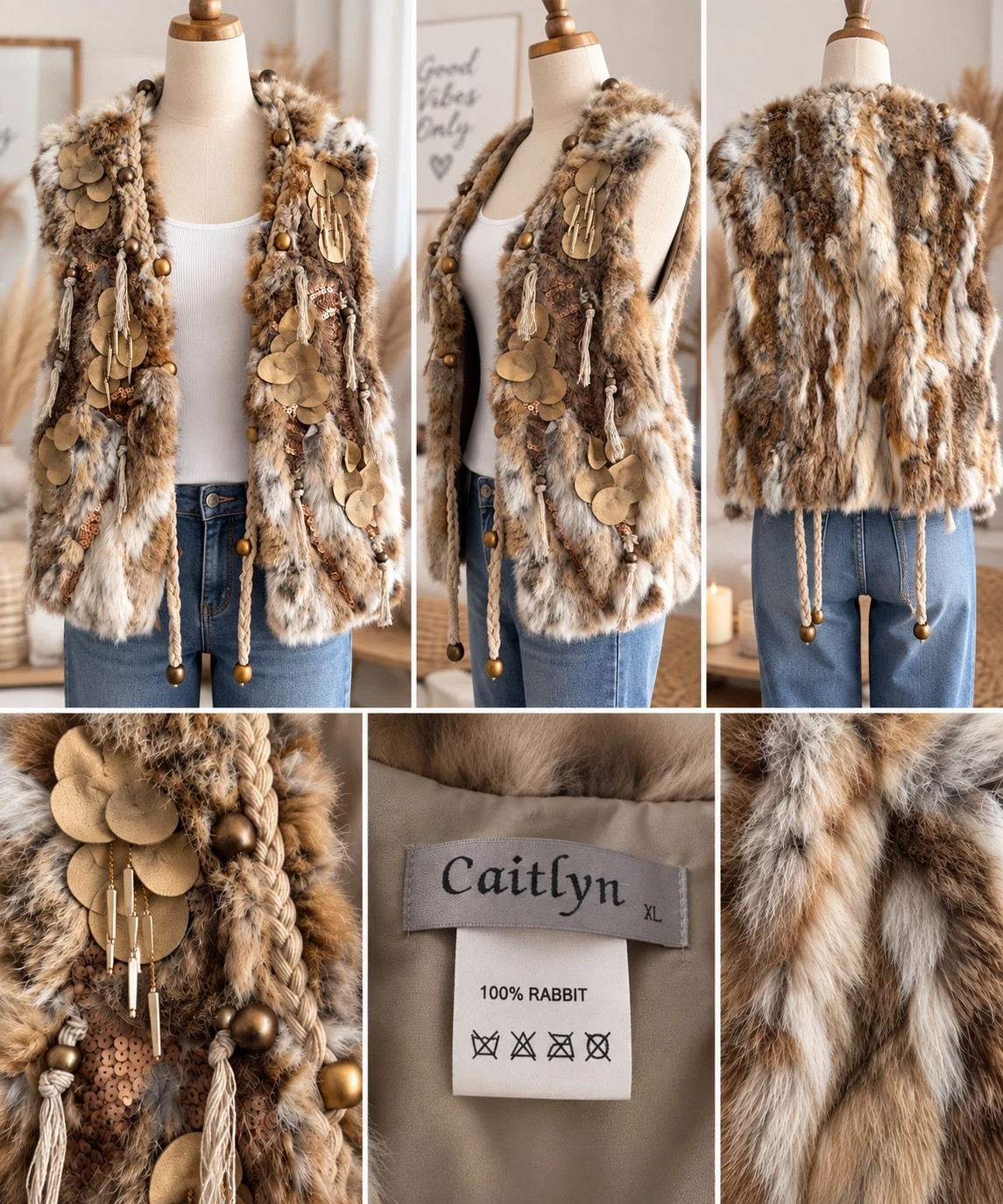 Gilet Caitlyn XL 100% fourrure de lapin véritable bohème – Caitlyn – taille XL / 42 / 14 2