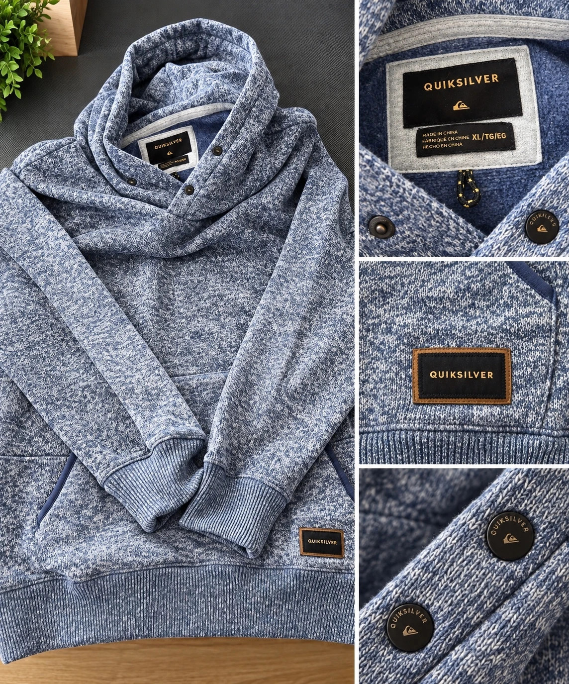Sweat Quiksilver XL bleu chiné col montant à capuche – Quiksilver – taille XL 2