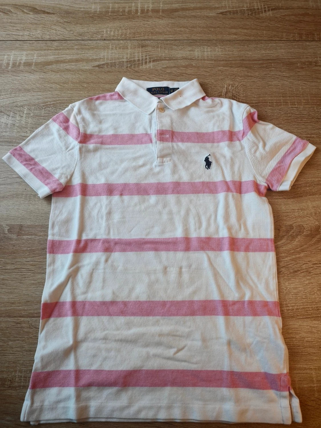 Polo Ralph Lauren custom slim fit rayé brodé motif à rayures horizontales blanc et rose taille XS