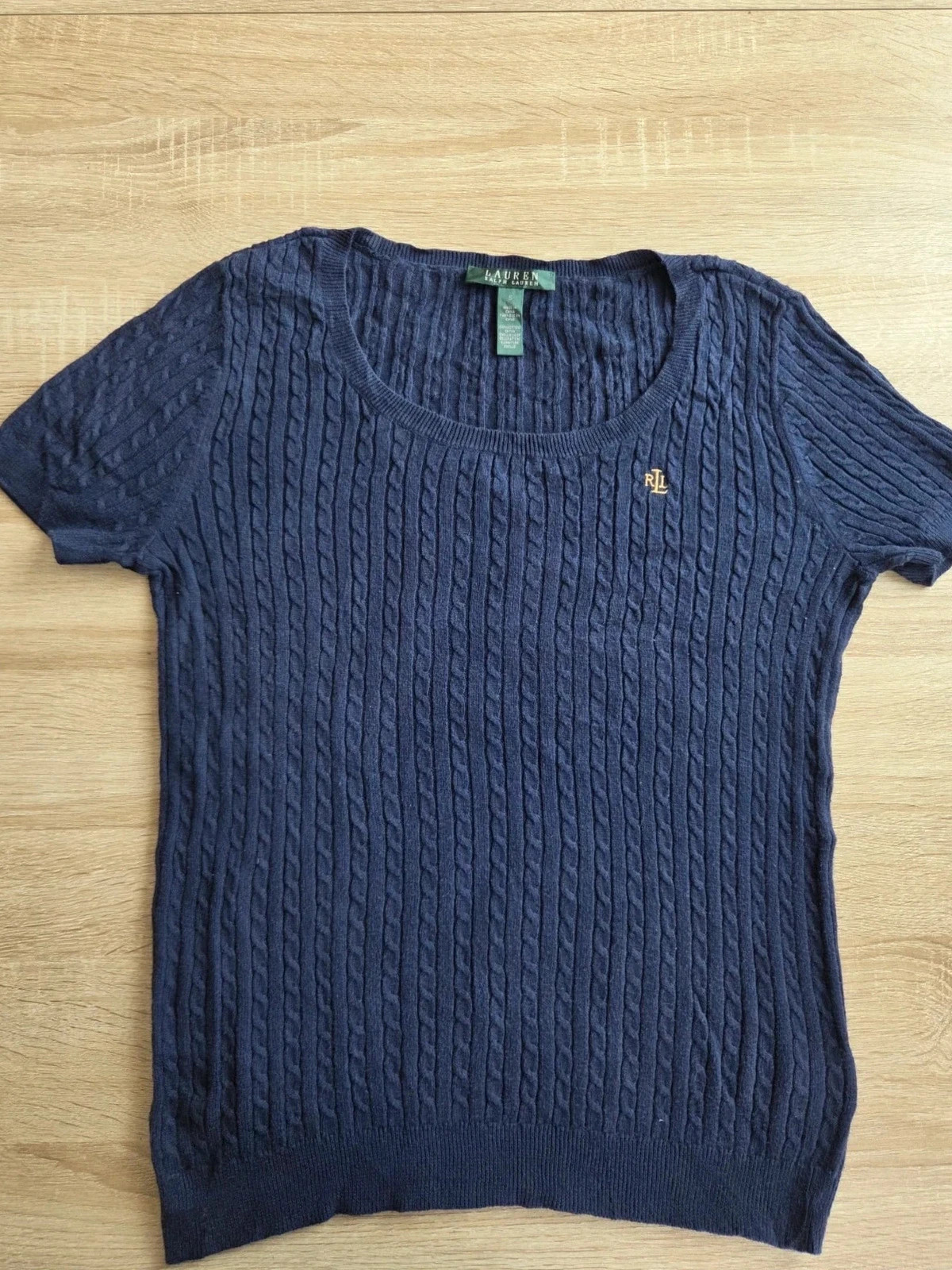 Lauren Ralph Lauren – Pull torsadé manches courtes bleu marine – Taille S