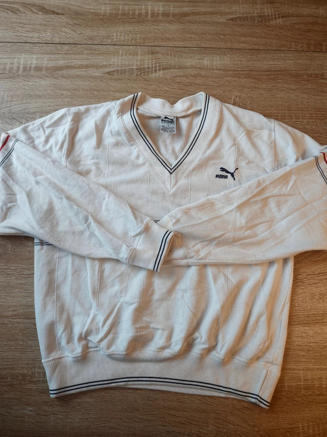 Sweat à col V Puma Vintage rétro finitions rayées logo brodé blanc Homme taille M