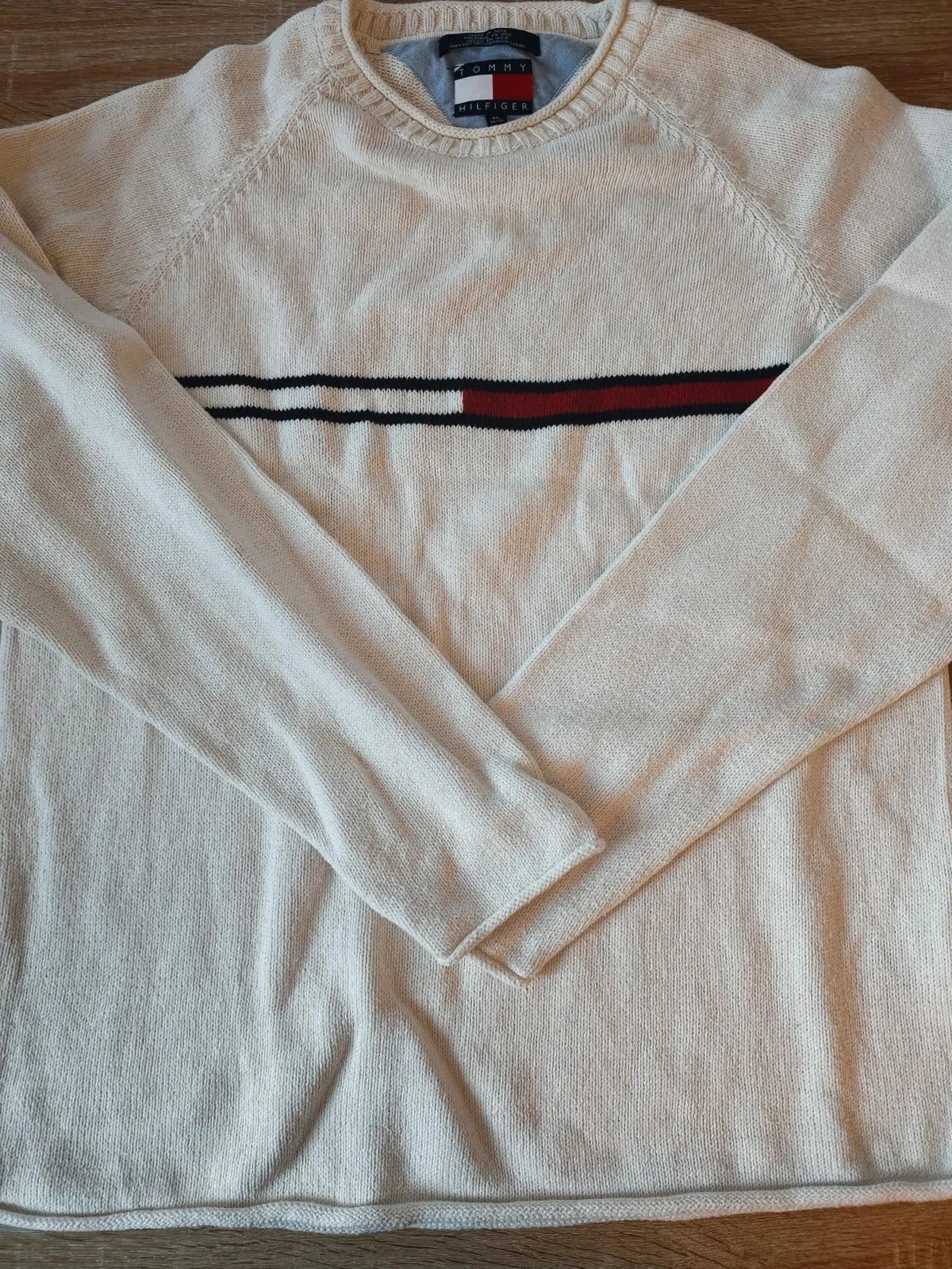 Pull Tommy Hilfiger vintage écru taille XL avec bande signature Rouge Bleu Blanc