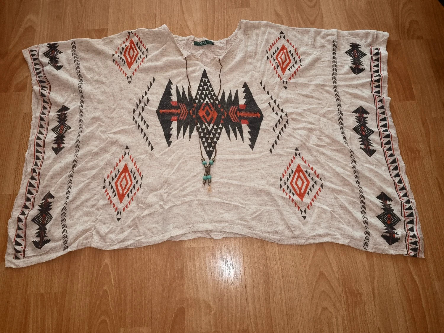 Poncho Lauren Ralph Lauren Boho Ethnique géométrique franges lien à nouer beige Femme Taille XL