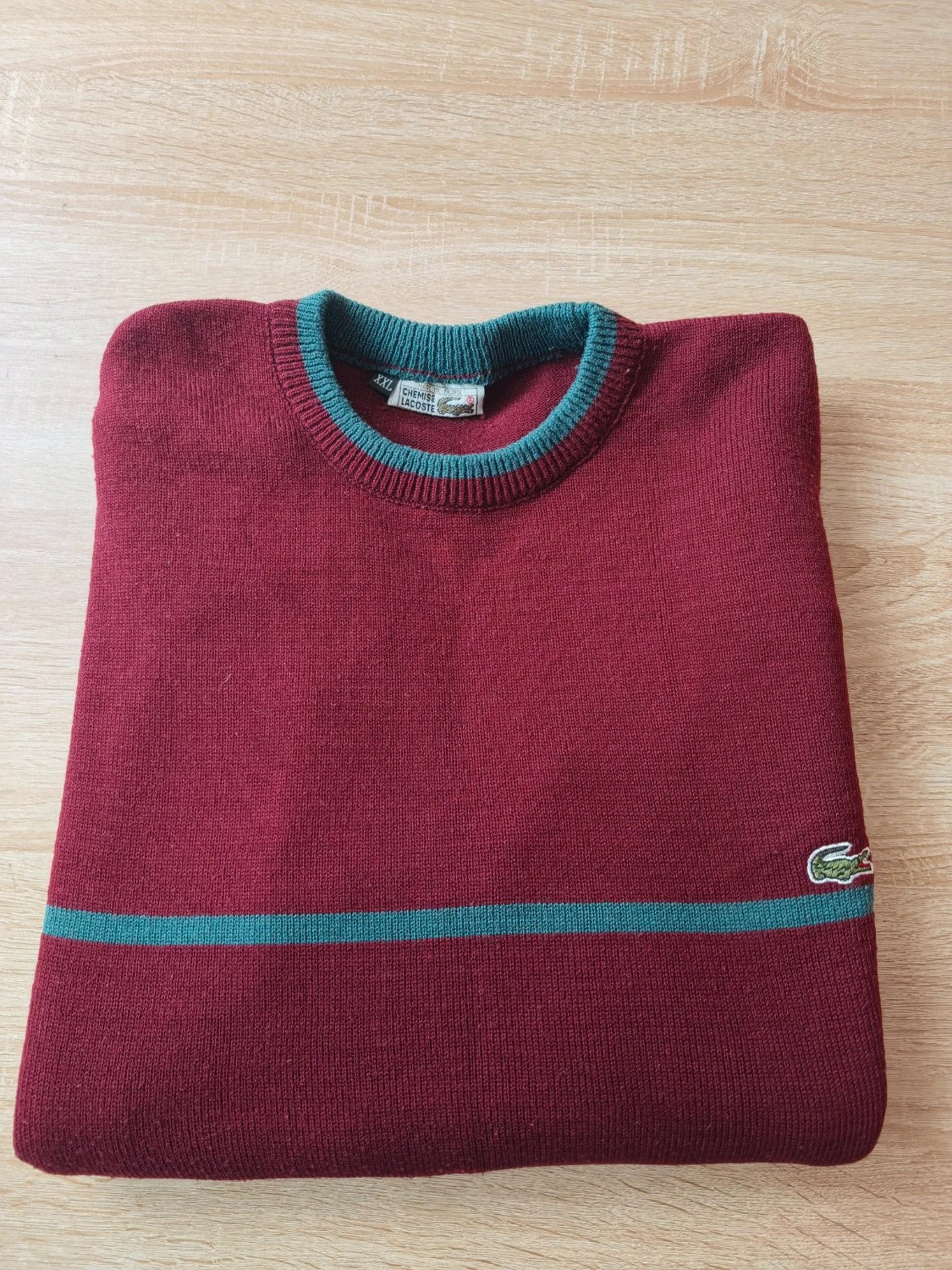 Pull Lacoste Vintage rayé coton col ras de cou logo brodé bordeaux Homme taille XXL