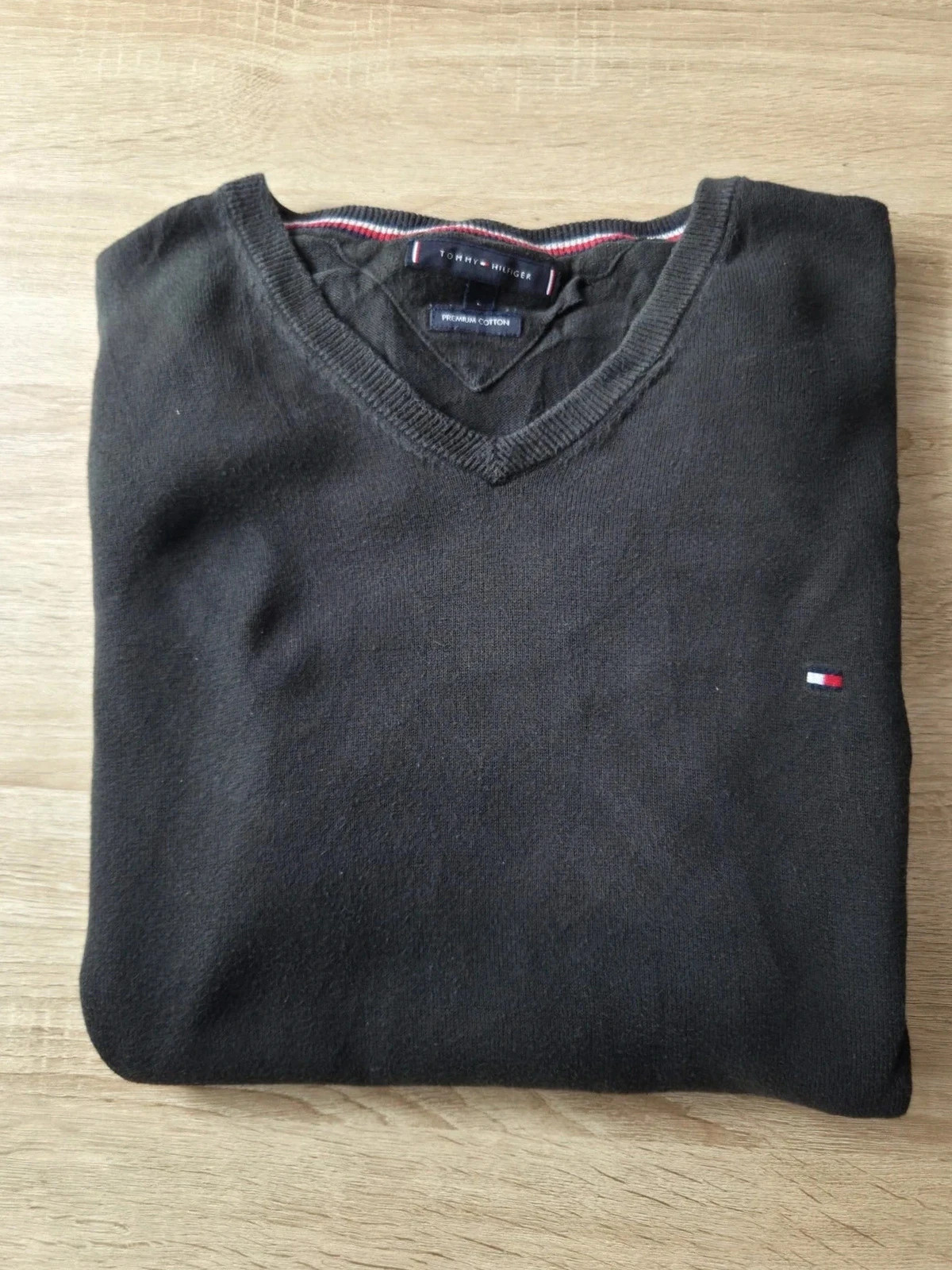 Pull Tommy Hilfiger Premium Cotton Taille L Col V Noir / Gris Foncé