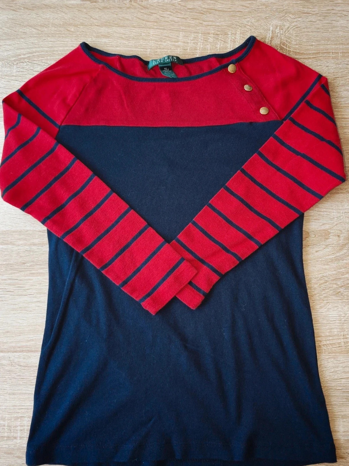 Pull/Tunique manches longues Ralph Lauren Femme M – rouge & bleu marine, boutons dorés