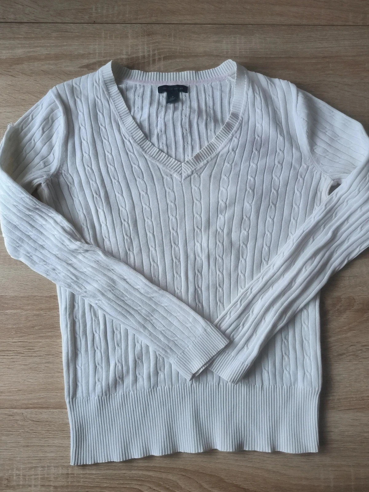 Pull Tommy Hilfiger Blanc Torsadé Col V M 100% Coton Preppy