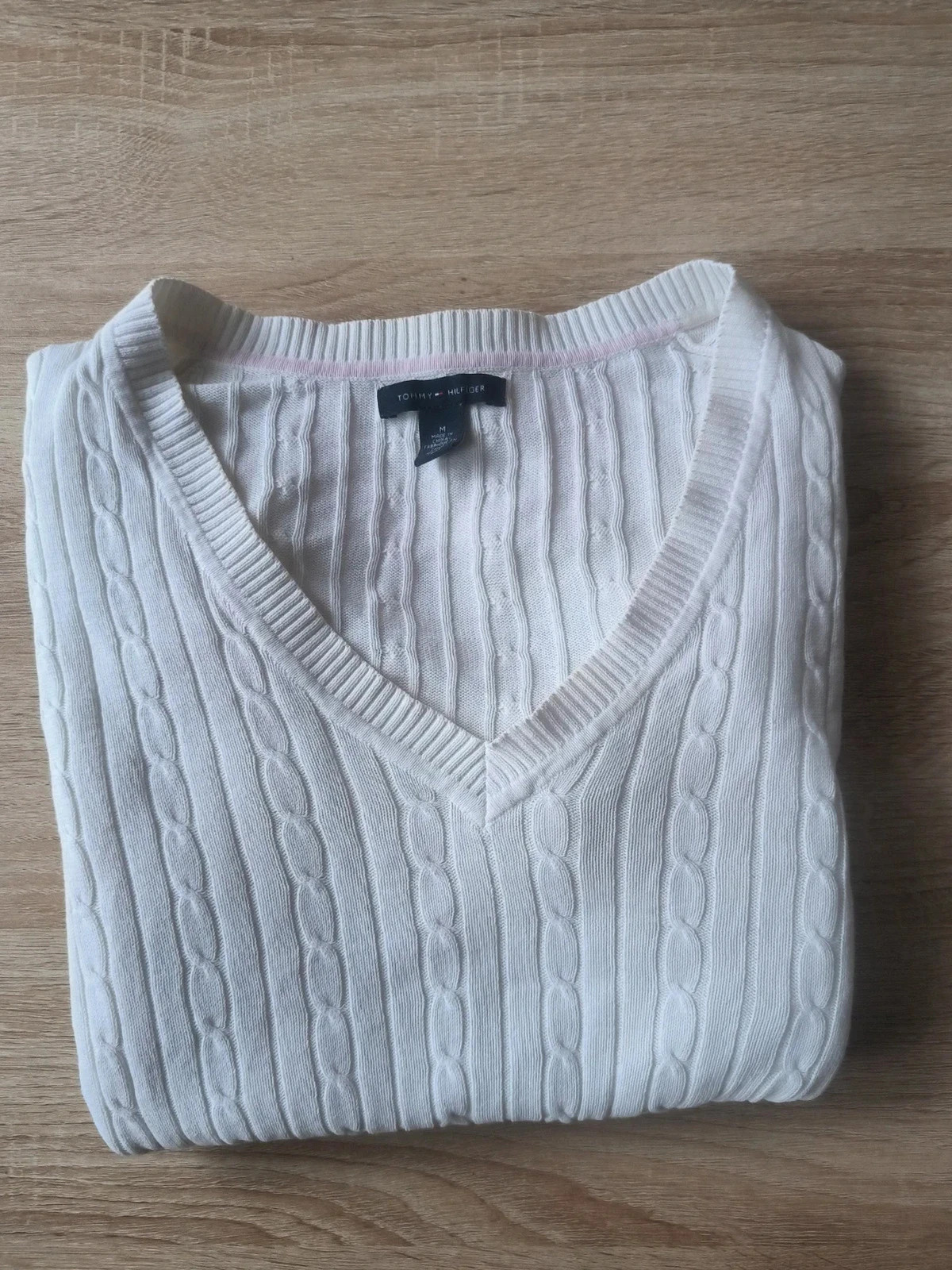 Pull Tommy Hilfiger Blanc Torsadé Col V M 100% Coton Preppy – Tommy Hilfiger – taille M / 38 / 10 2
