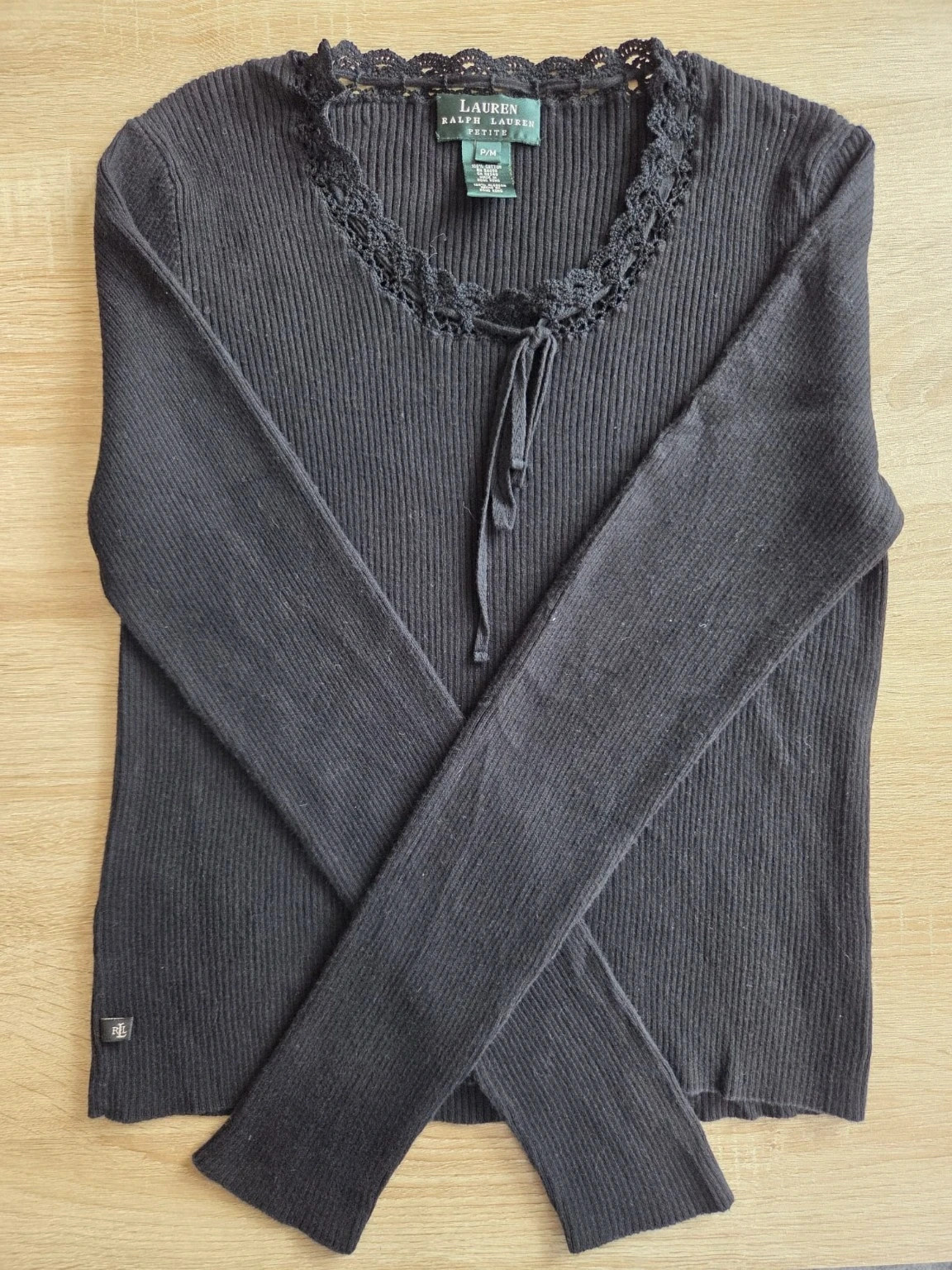 Lauren Ralph Lauren Petite – Pull côtelé noir col en dentelle – Taille P/M