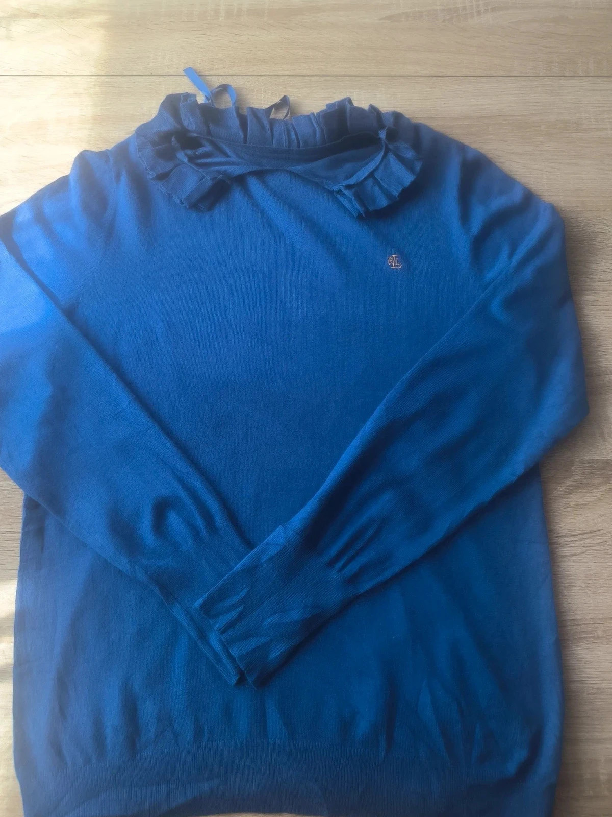 Pull Lauren Ralph Lauren fin Bleu Roi Col Volanté Coton Mercerisé M