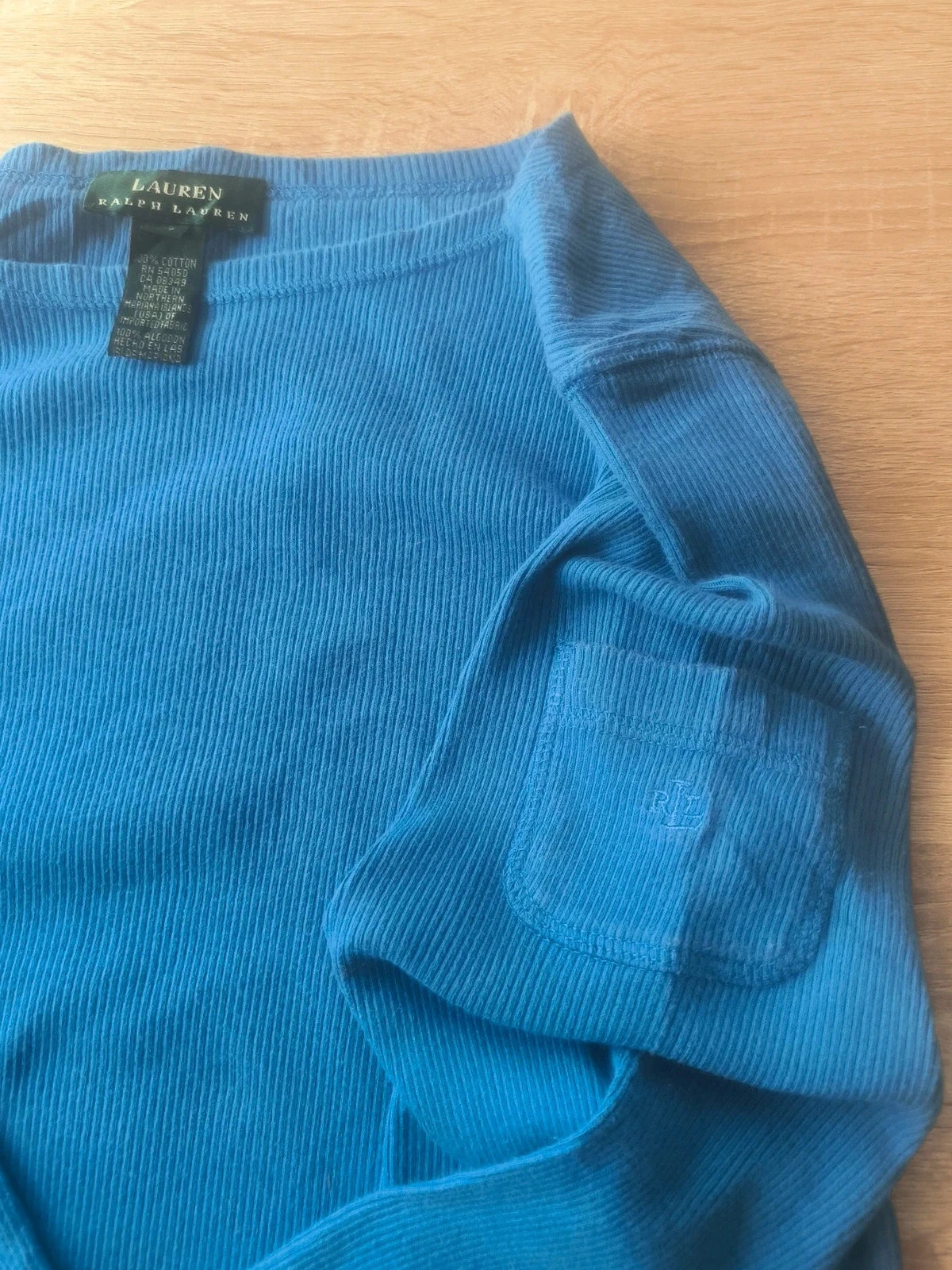 T-shirt Lauren Ralph Lauren Manches Longues Bleu Côtelé Poches Épaule M – Ralph Lauren – taille M / 38 / 10 4
