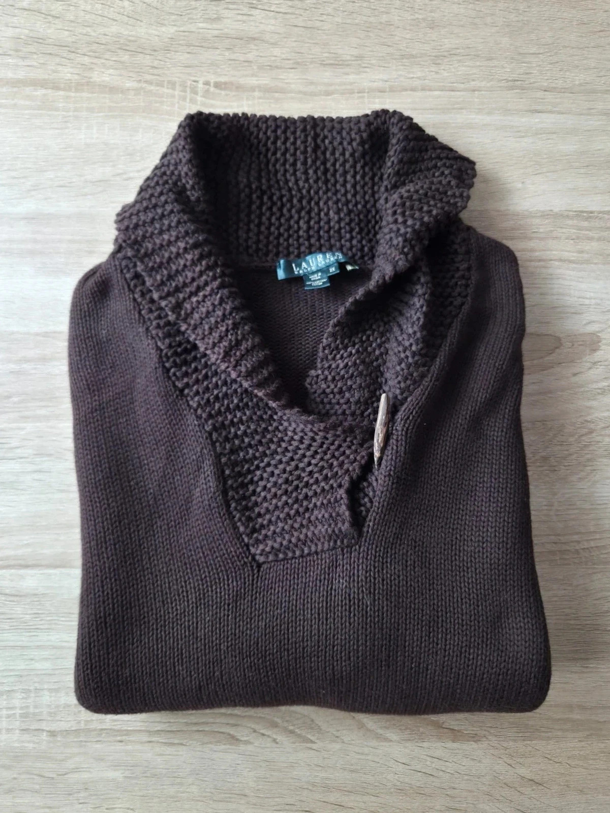 Pull marron chocolat 100% coton col châle Lauren Ralph Lauren 2X