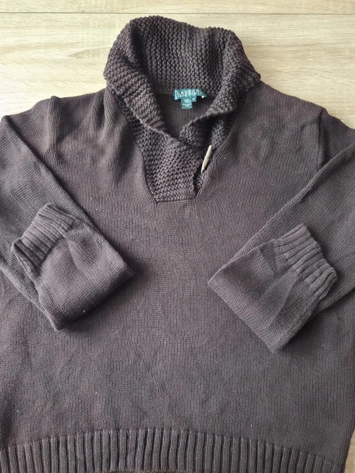 Pull marron chocolat 100% coton col châle Lauren Ralph Lauren 2X – Ralph Lauren – taille XXL / 44 / 16 2