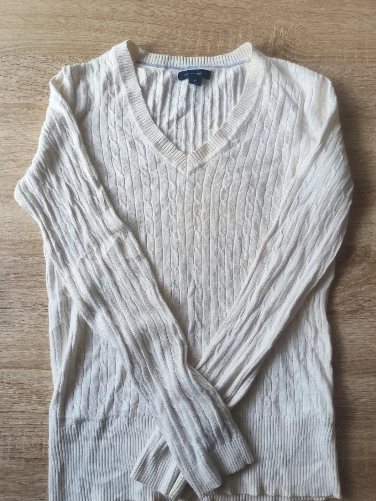Pull Tommy Hilfiger en maille torsadée blanc crème col en V – Taille M Femme