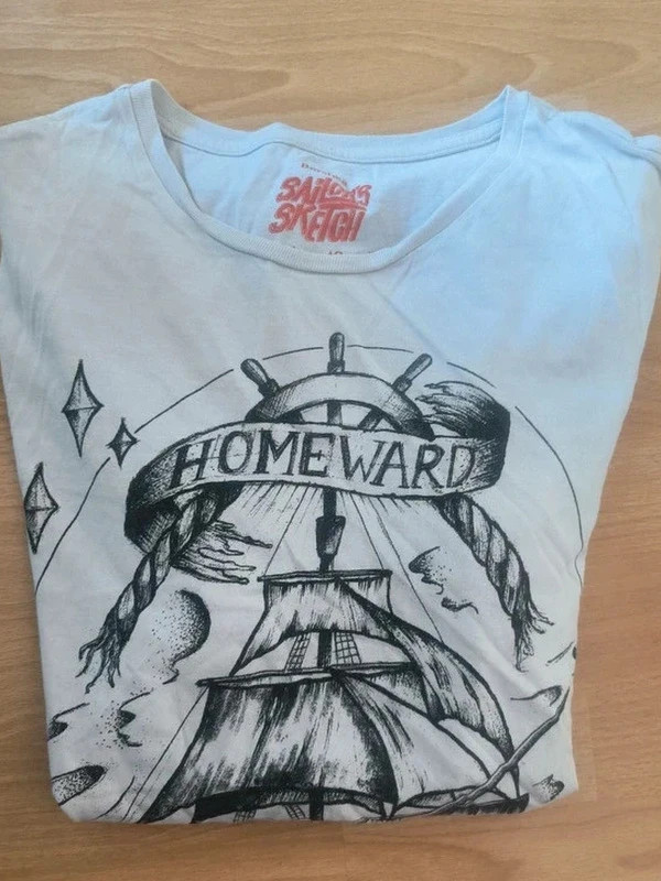 T-shirt blanc Bershka Sailor's Sketch– Style Tatouage – Taille XL