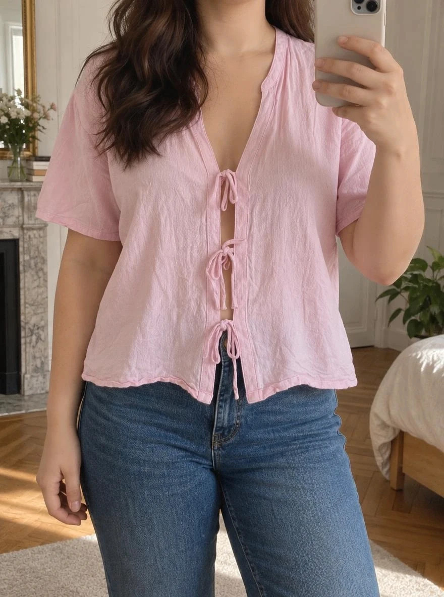 Blouse Kiabi - Rose - Liens à nouer sur le devant / Manches courtes - Taille Xl - Très bon état
