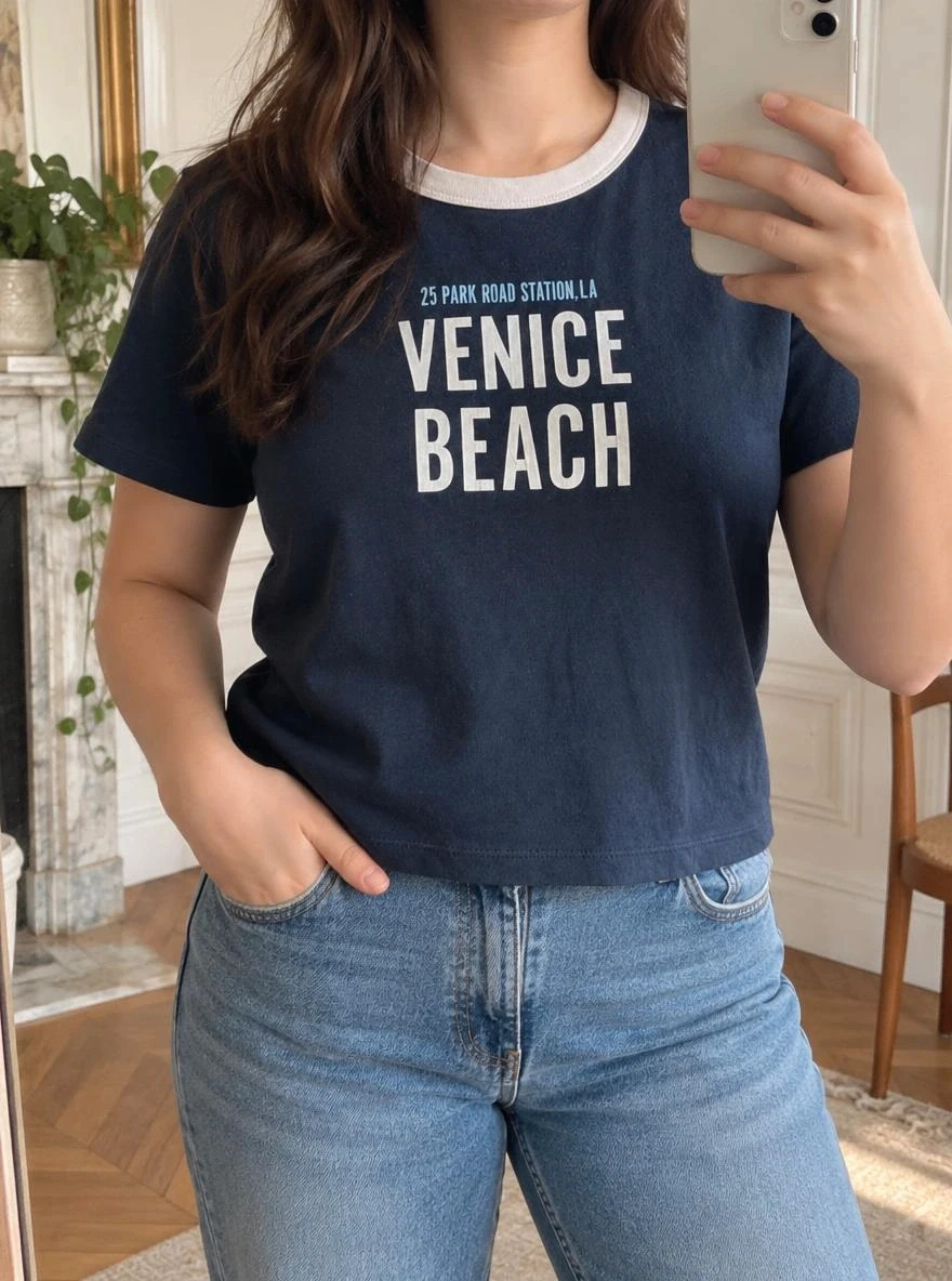KIABI Cropped bleu marine imprimé Venice Beach - M (38) 3€ – Kiabi – taille M / 38 / 10 2