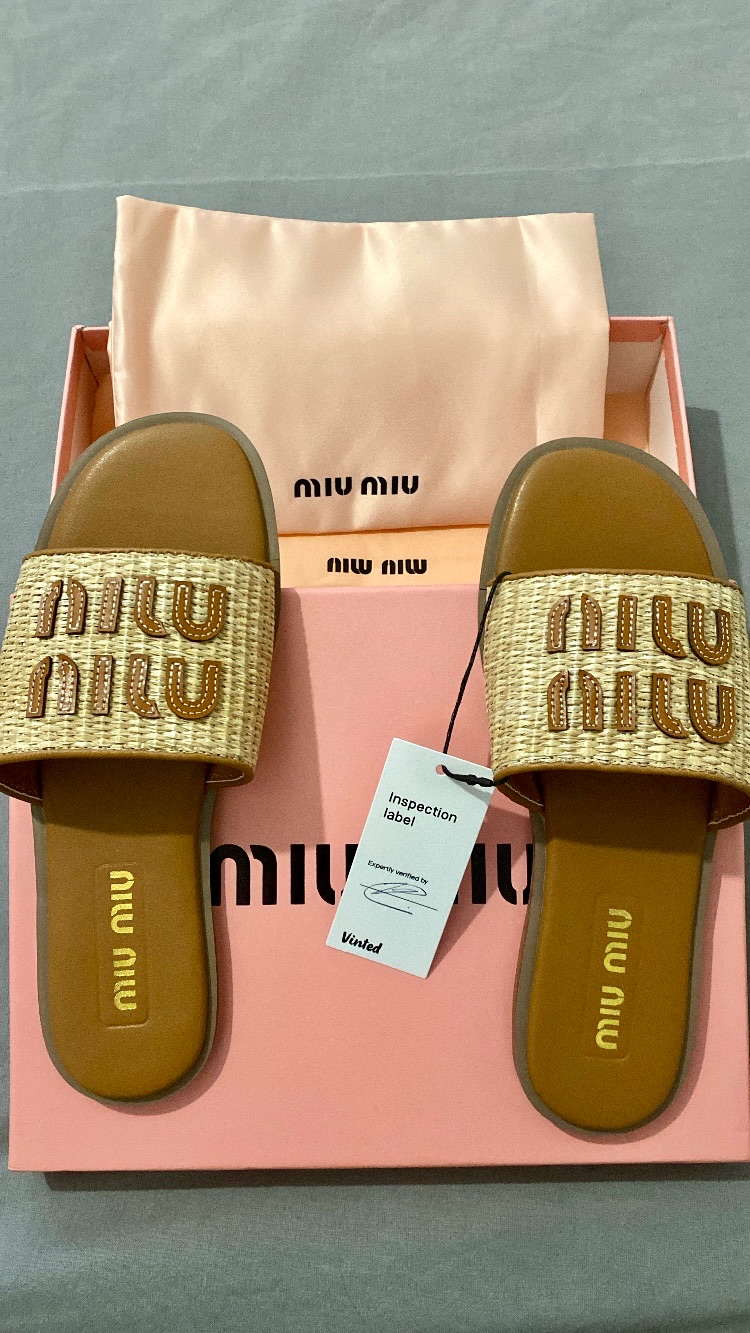 Sandales Miu Miu Raffia Cuir Camel Neuf Taille 40 Authentique
