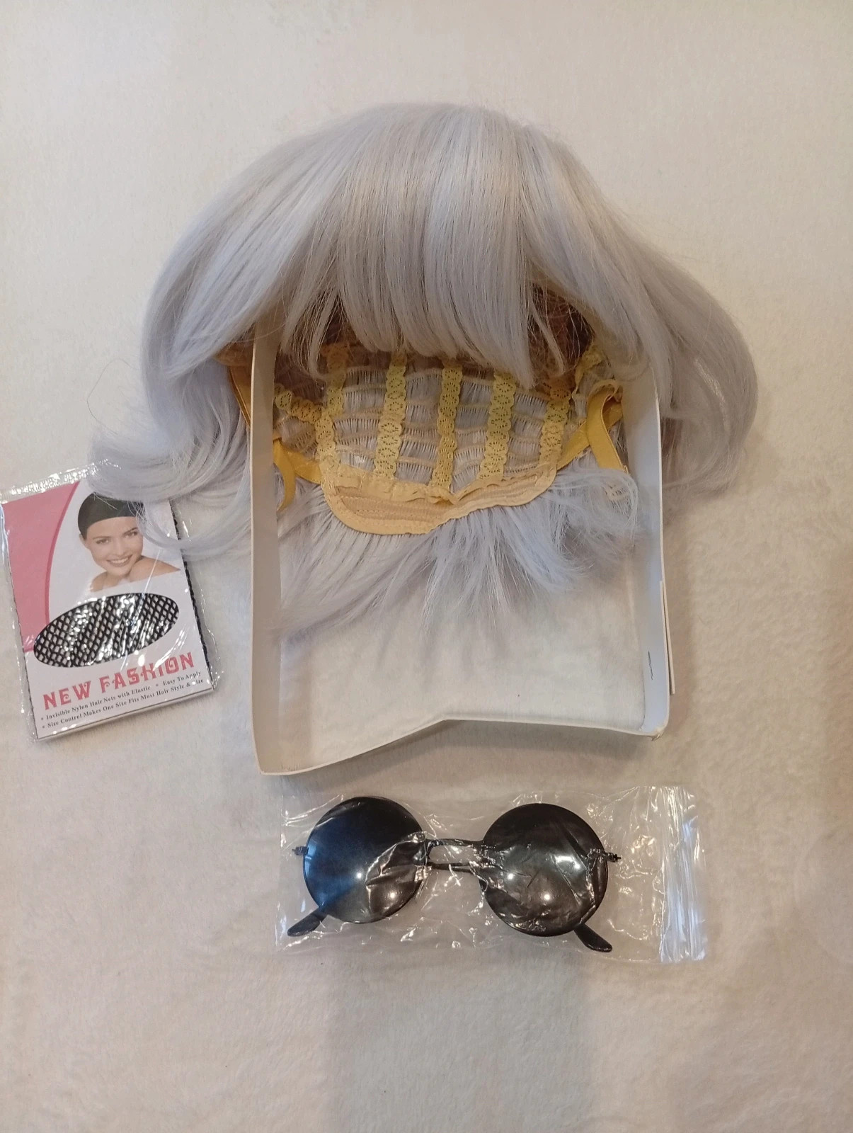Short silver-grey wig set + retro round glasses + hair net 5