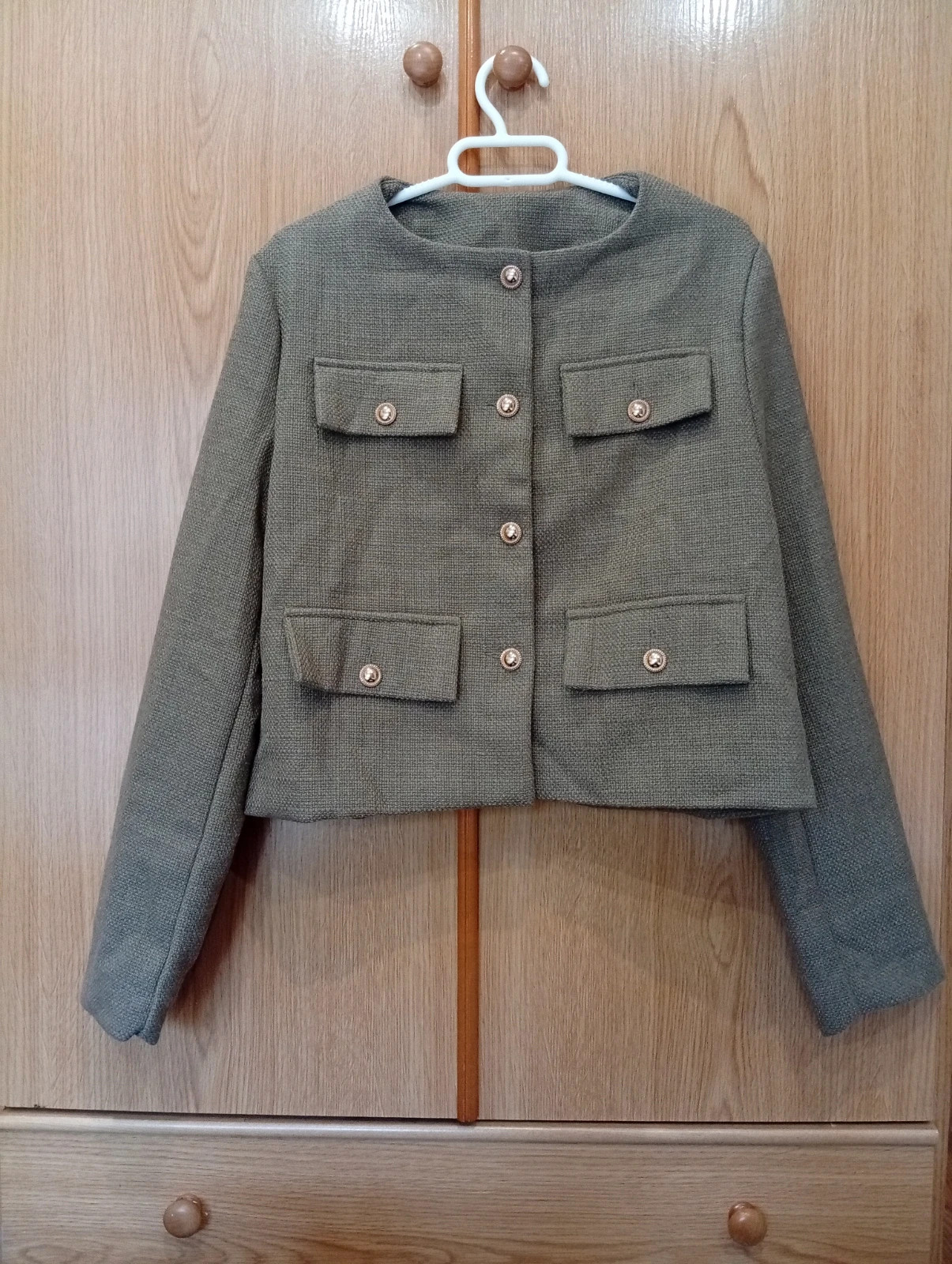 Elegant khaki green tweed-style jacket Features 4 flap pockets with decorative buttons – taille S / 36 / 8 2