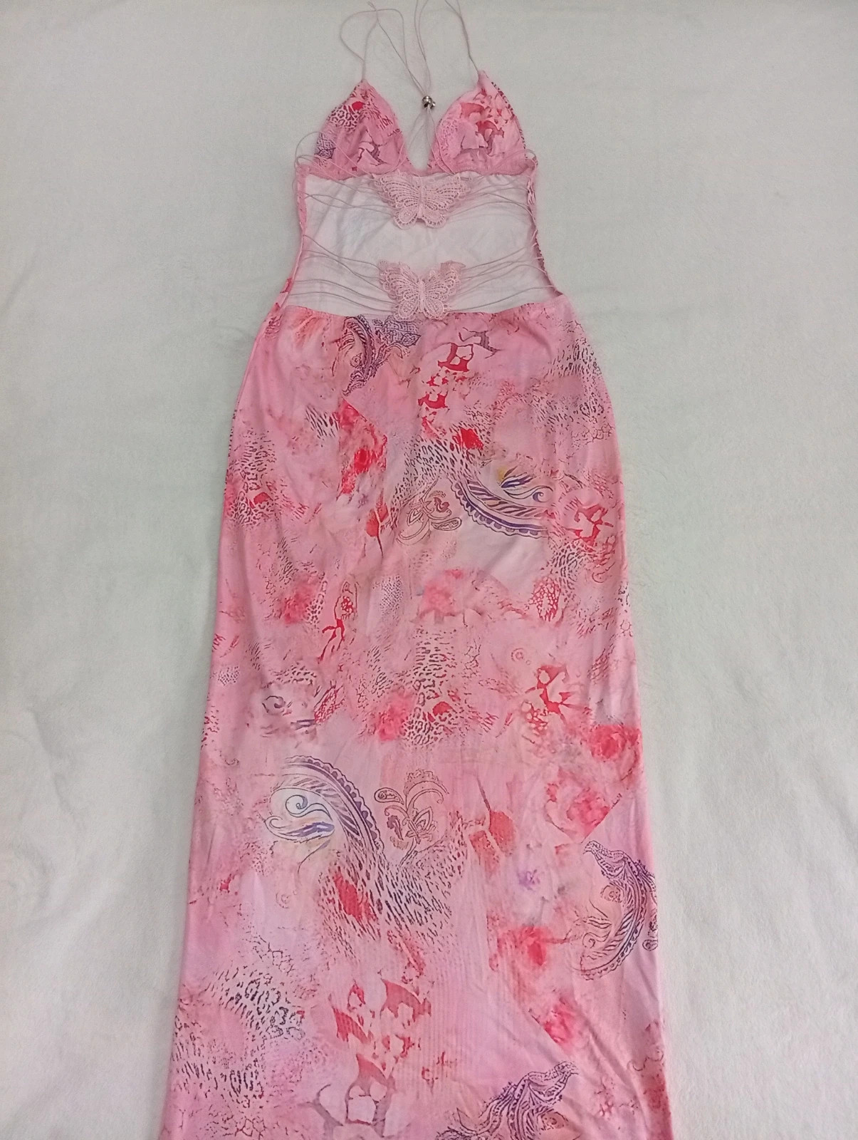 Long pink dress, size S. Halter-style top with delicate lace and butterfly details. – taille S / 36 / 8 2