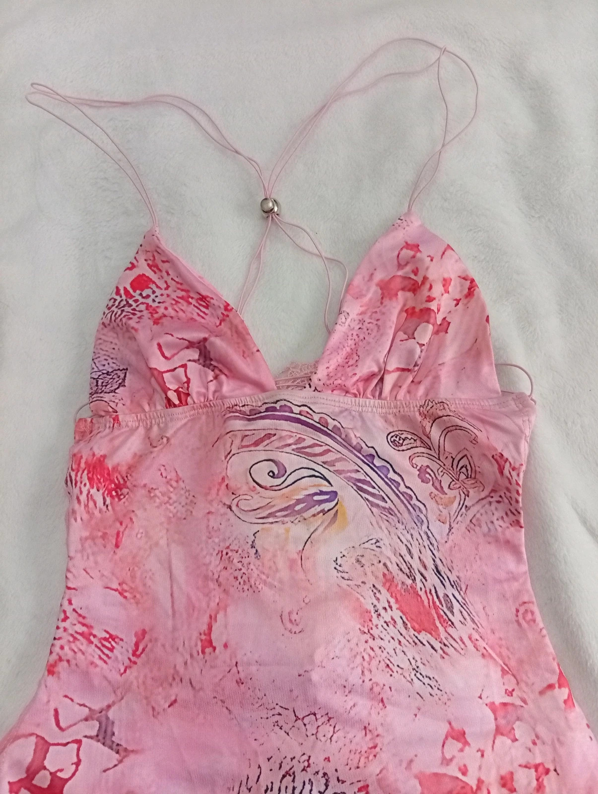 Long pink dress, size S. Halter-style top with delicate lace and butterfly details. – taille S / 36 / 8 3