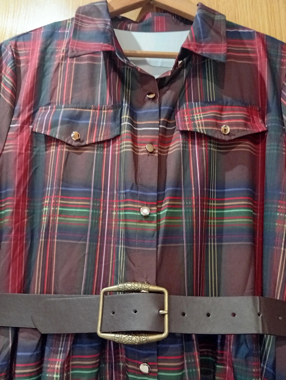 Long plaid shirt dress in navy blue, burgundy, grey and green tones, Size XL – taille XL / 42 / 14 4