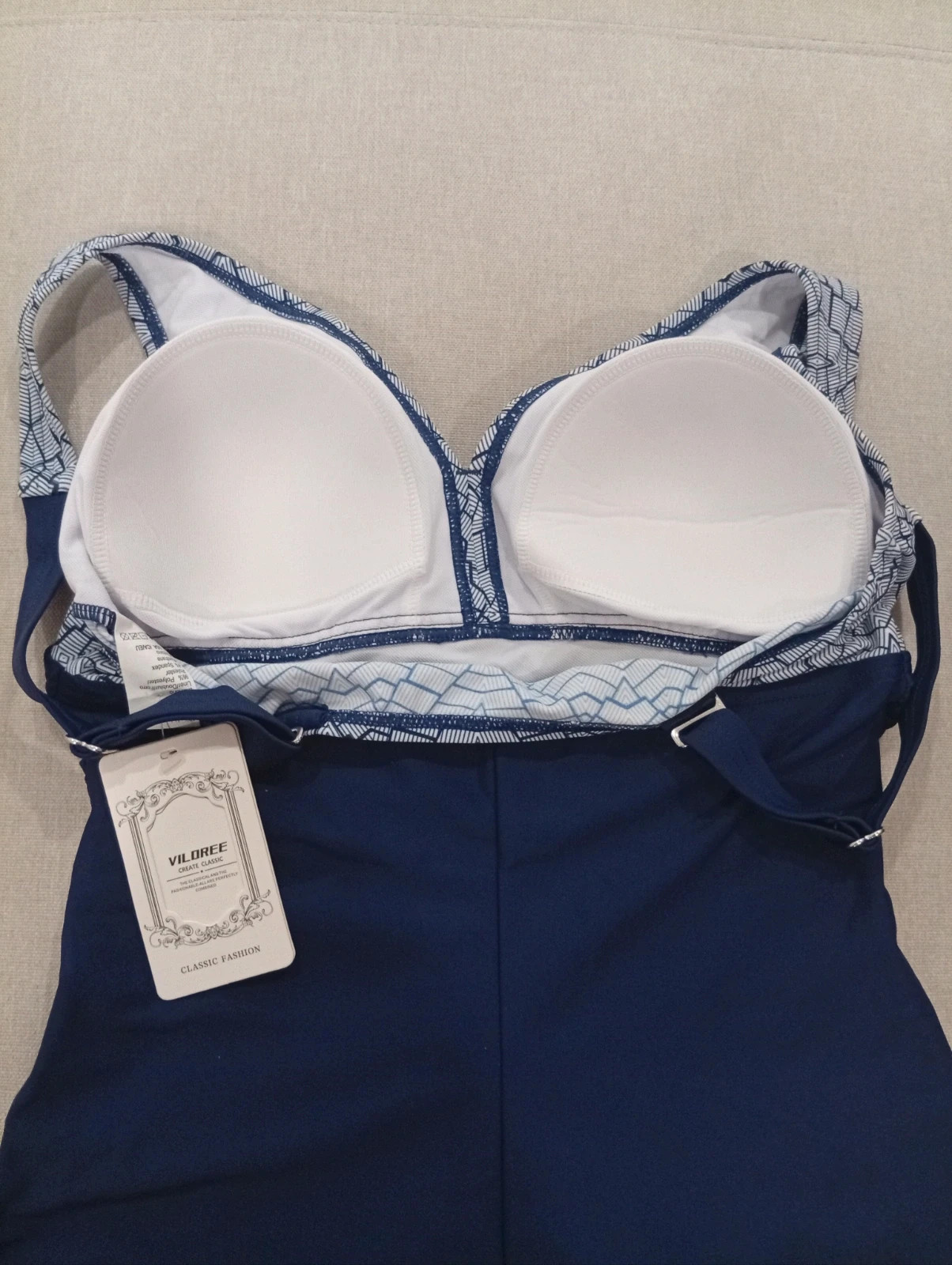 Elegant navy blue one-piece swimsuit with a geometric print on the top – Viloree – taille S / 36 / 8 3