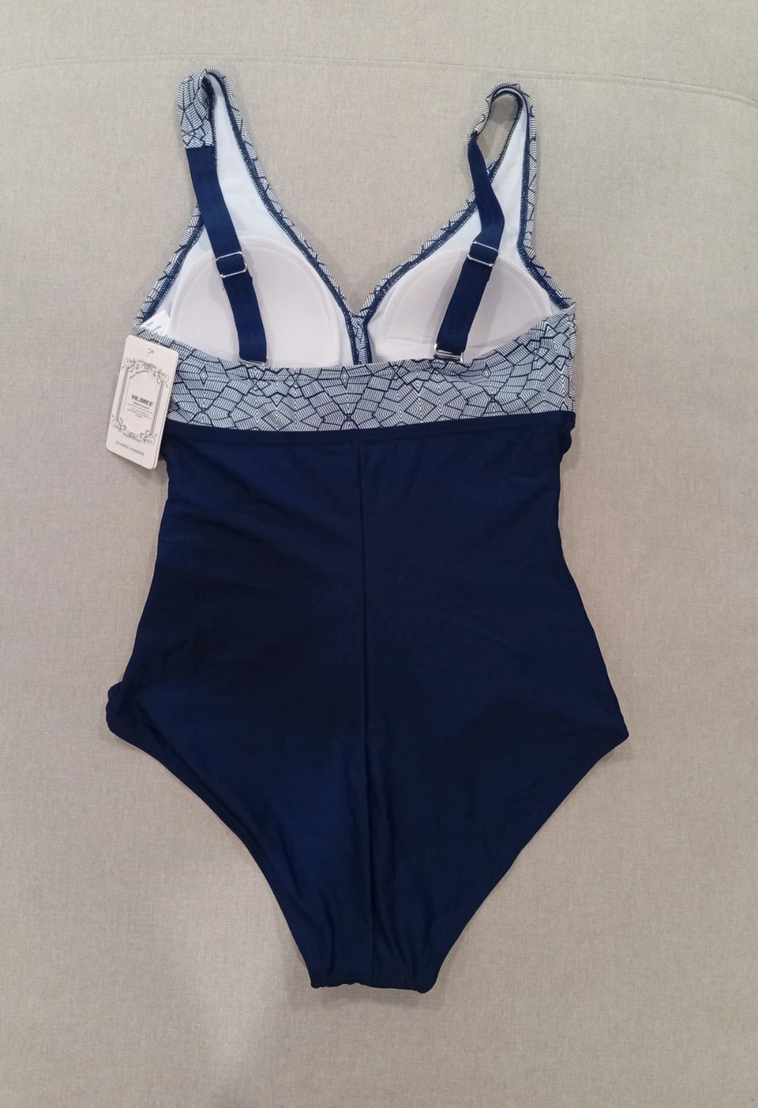 Elegant navy blue one-piece swimsuit with a geometric print on the top – Viloree – taille S / 36 / 8 2