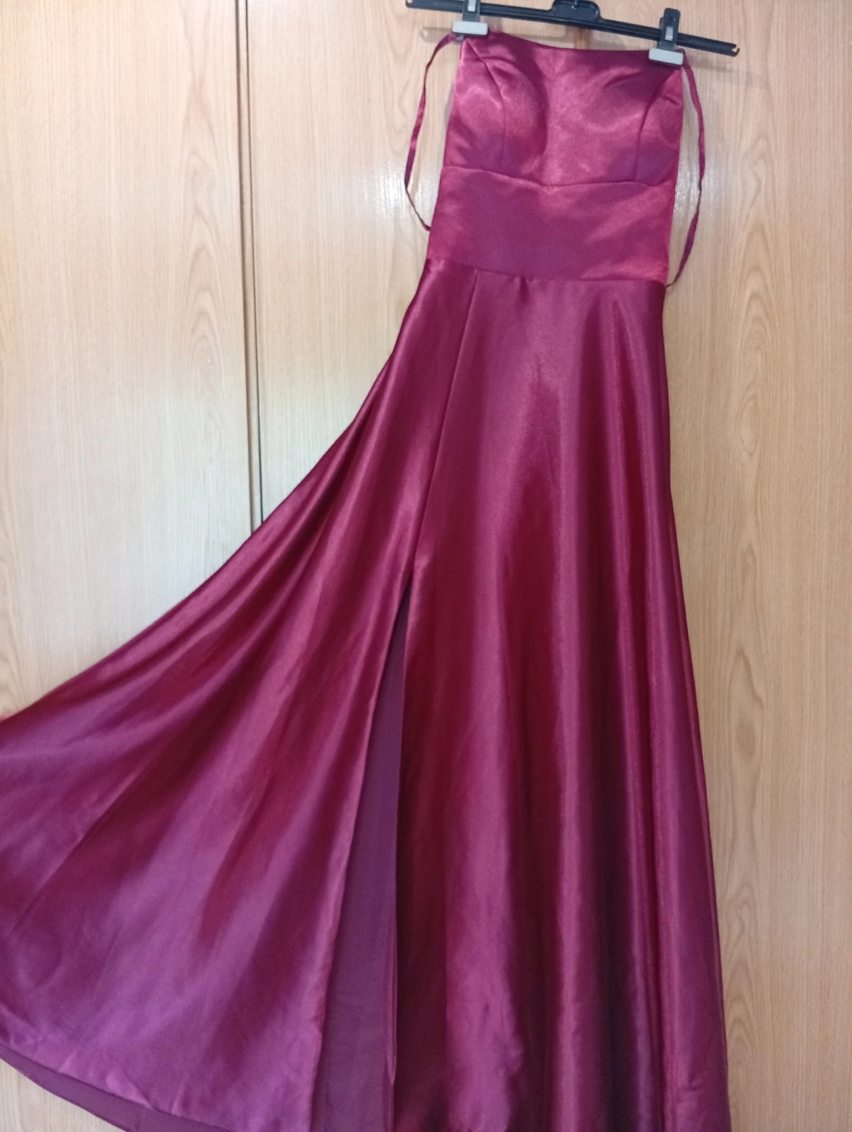 Elegant Burgundy Satin Maxi Dress Open back with adjustable corset-style straps for the perfect fit