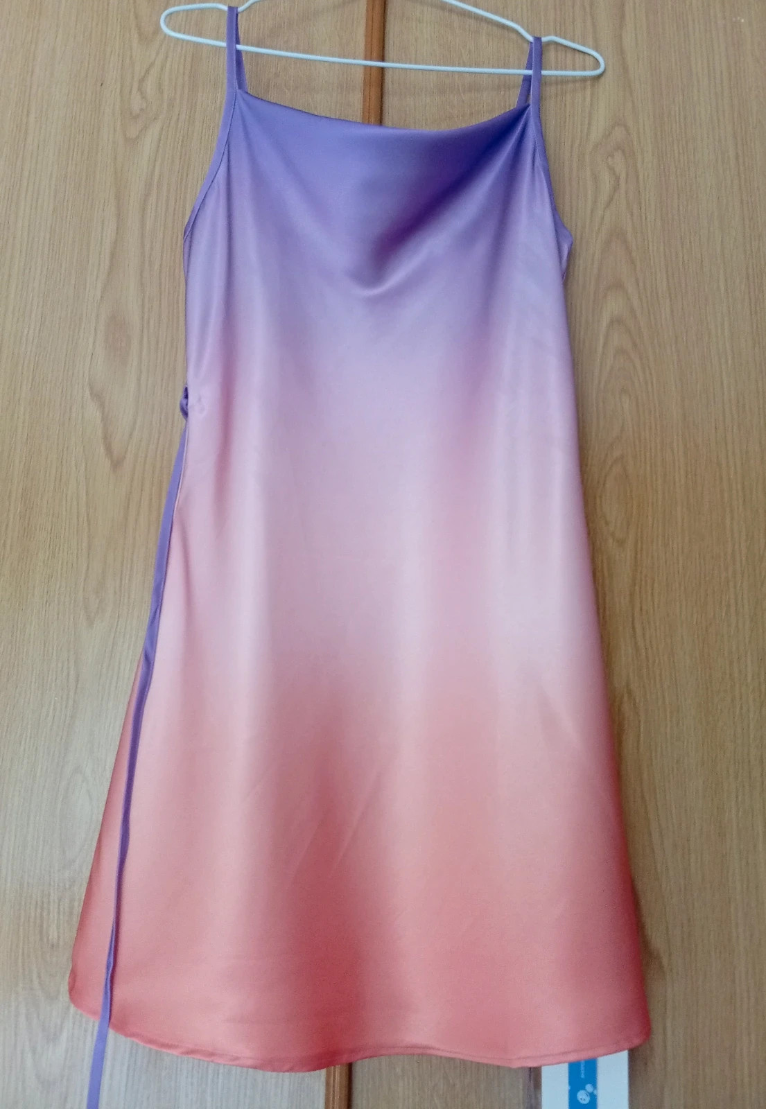 Satin slip mini dress by Cider Beautiful ombré design in purple and orange shades.