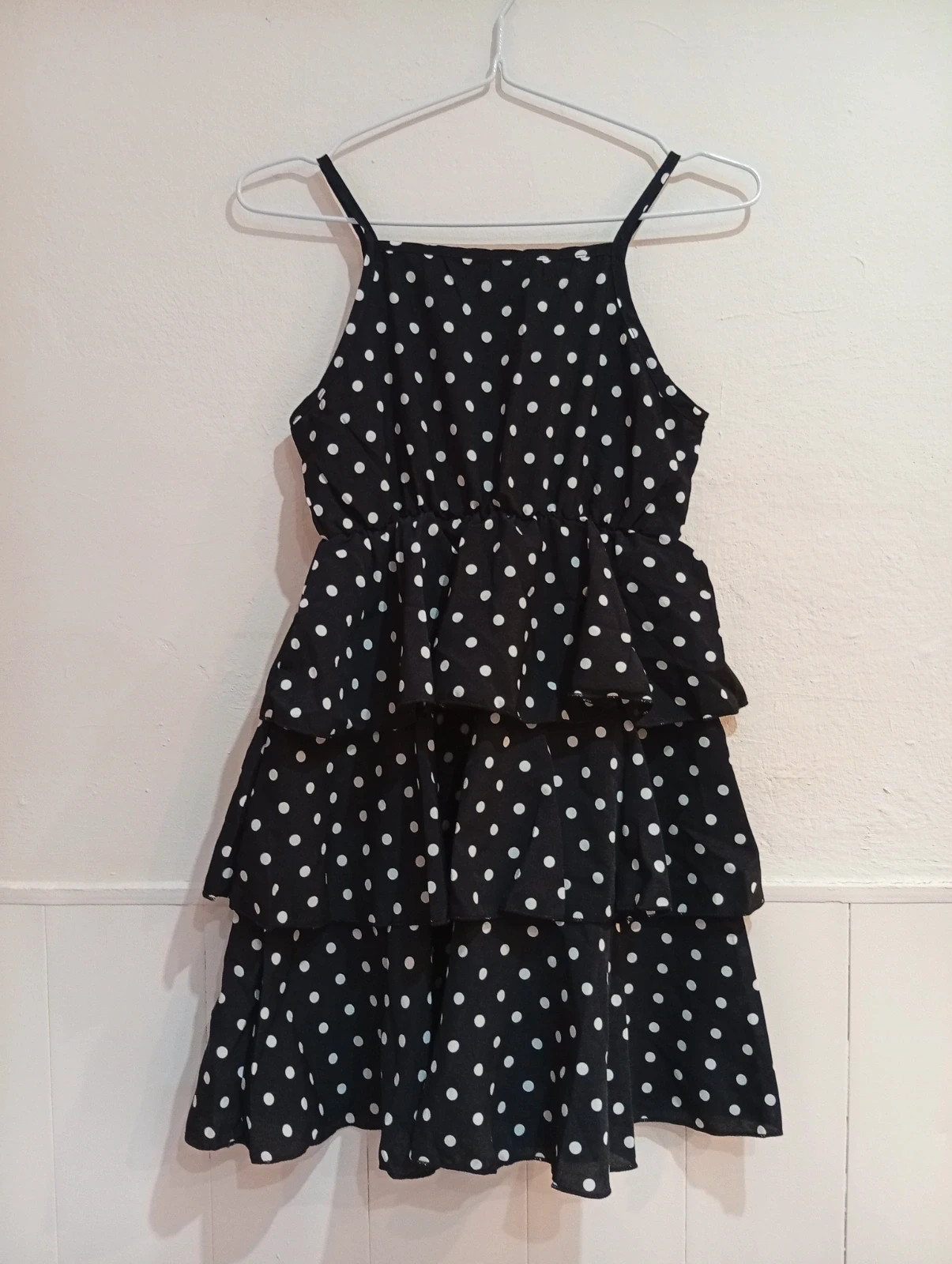 Black dress with white polka dots for girls Beautiful layered ruffles and straps.