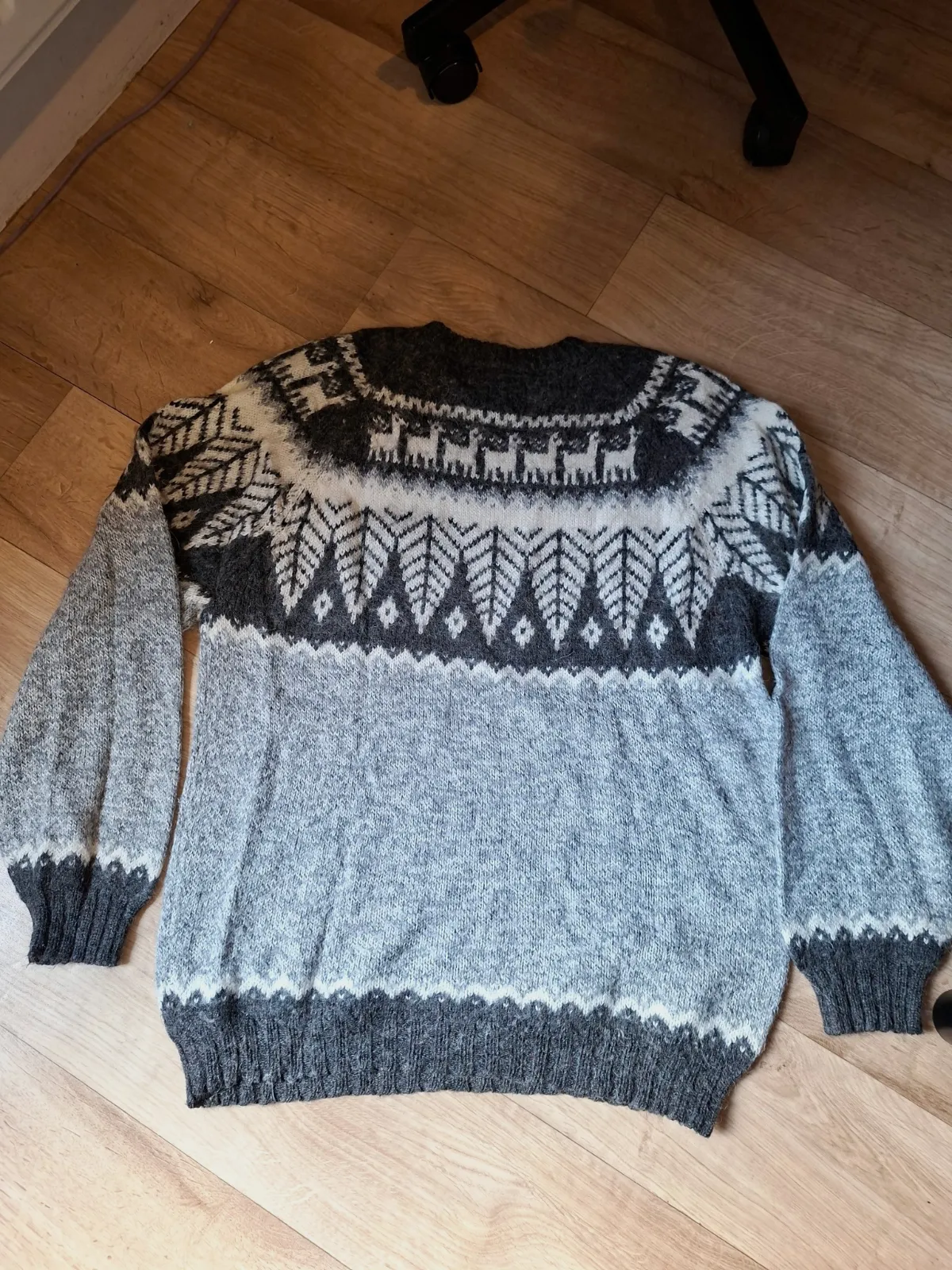 Pull jacquard nordique / alpaga lama - Laine - Gris & Blanc - Taille L (voir mes – Vintage – taille L 5