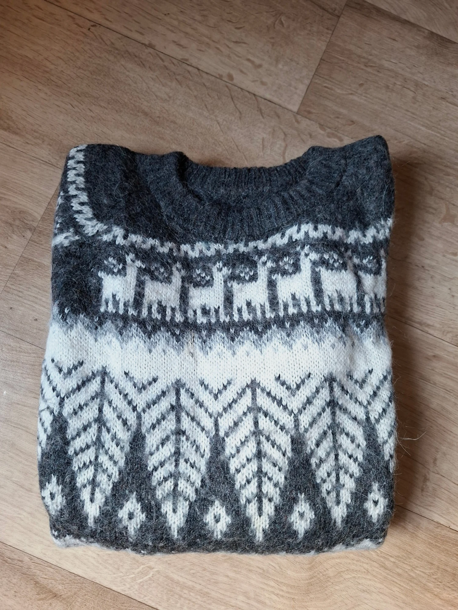 Pull jacquard nordique / alpaga lama - Laine - Gris & Blanc - Taille L (voir mes