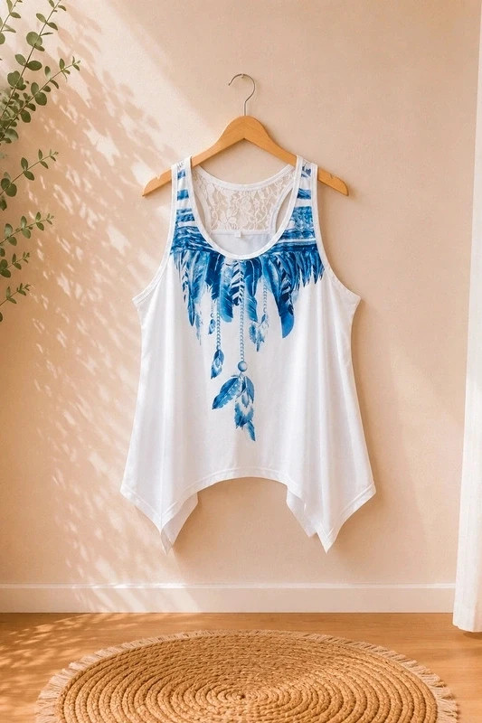 Débardeur fluide blanc imprimé bleu – Taille XL🌸 – taille XL / 42 / 14