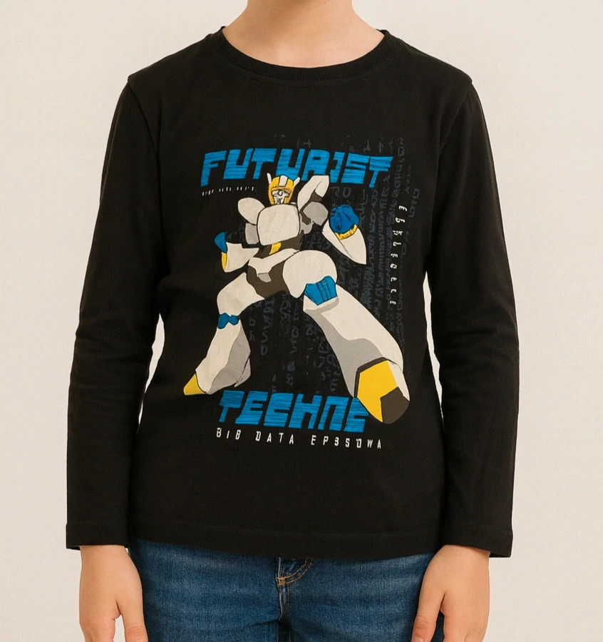 T-shirt noir robot “Futurist Techno” – Tissaia – taille 6 ans / 116 cm