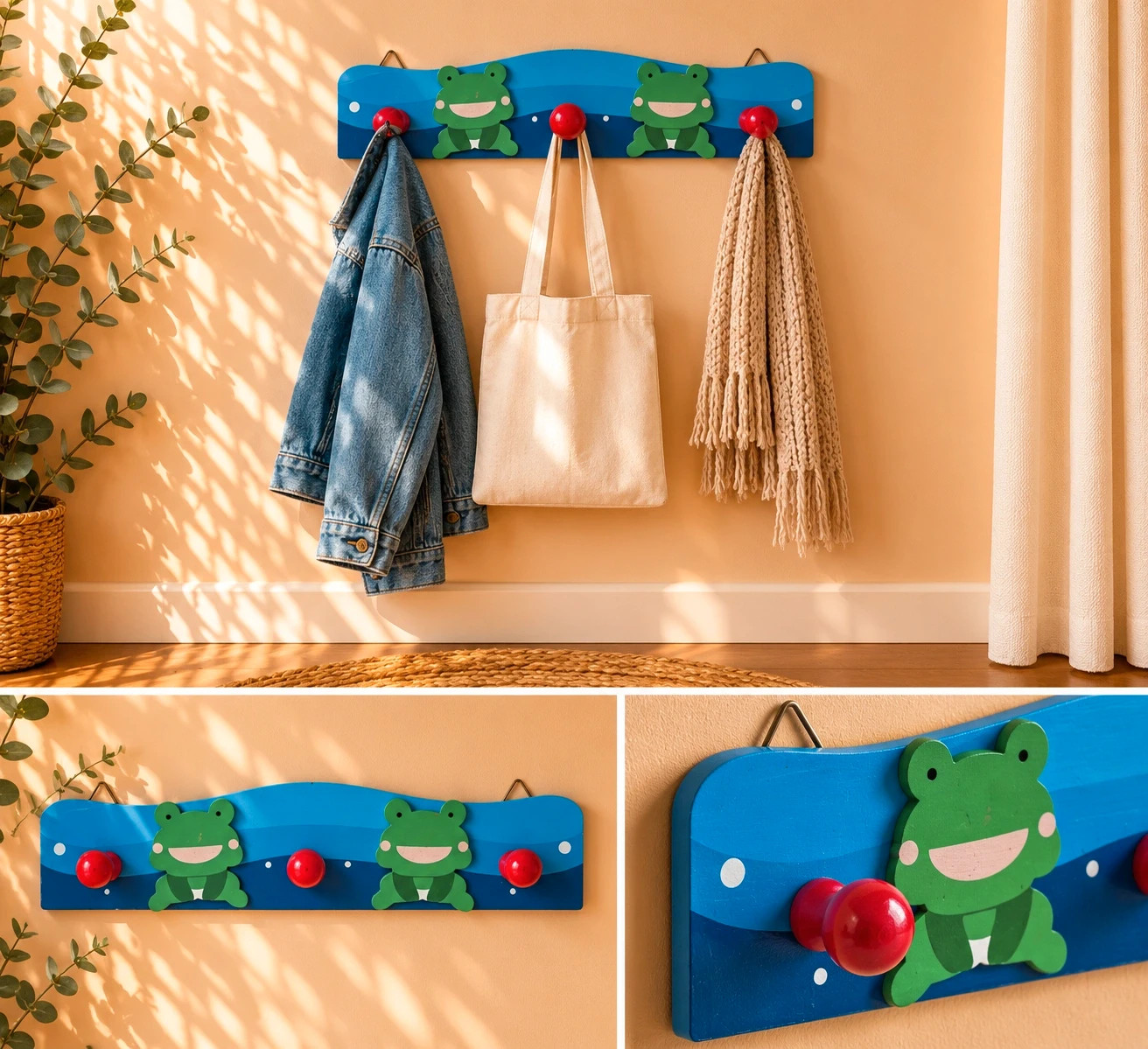 Porte-manteau mural enfant – Motif grenouilles – 3 patères📦