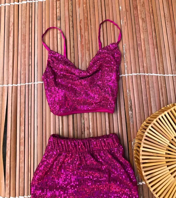 Ensemble crop top jupe sequins fuchsia 3