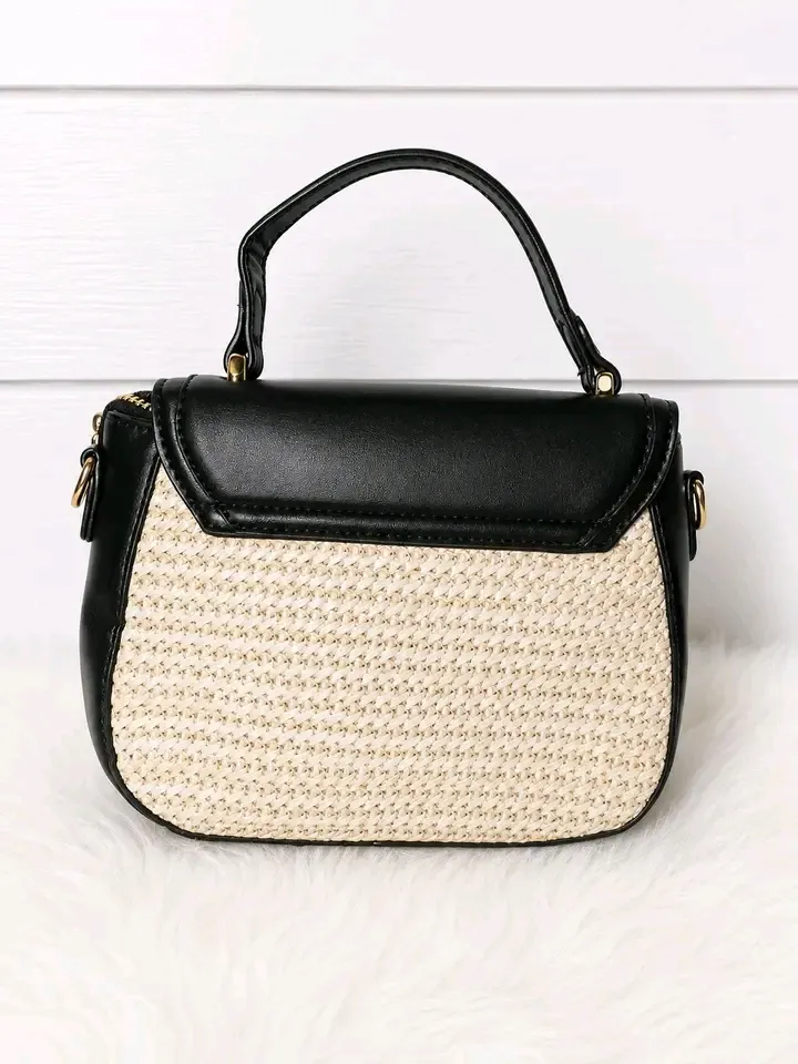 Sac à main paille et cuir noir 2