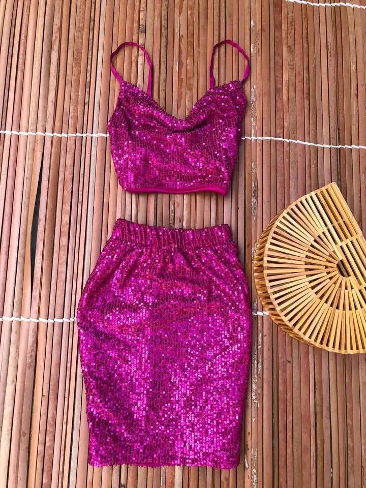 Ensemble crop top jupe sequins fuchsia