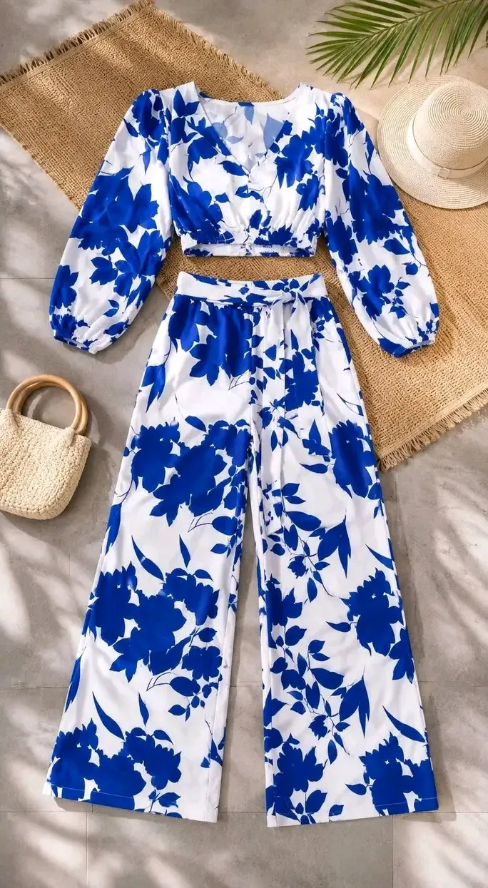 Ensemble crop top pantalon bleu floral 4