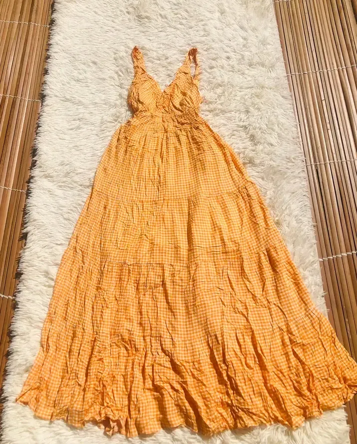 Robe longue orange à carreaux