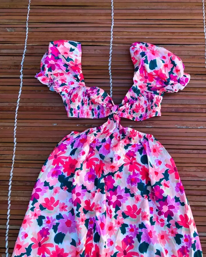 Robe enfant motif floral rose et bleu 2