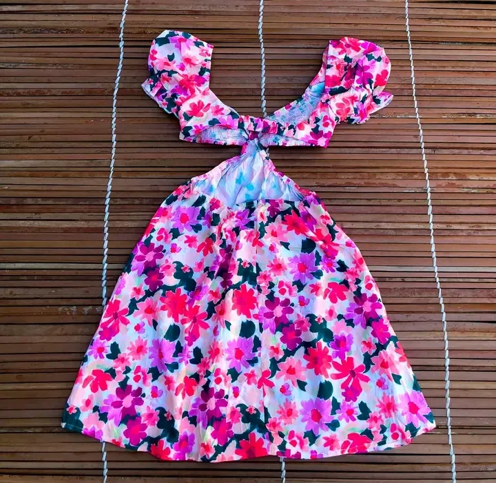 Robe enfant motif floral rose et bleu 3