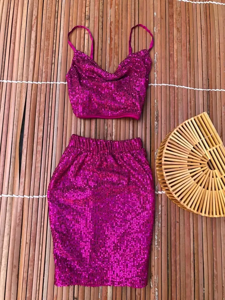 Ensemble crop top jupe sequins fuchsia 4