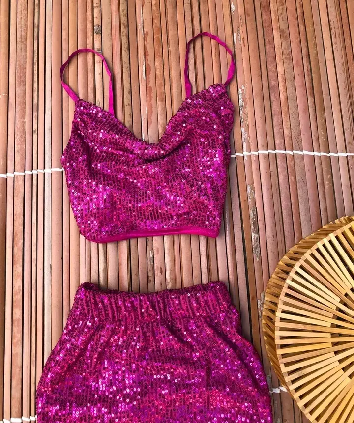 Ensemble crop top jupe sequins fuchsia 2