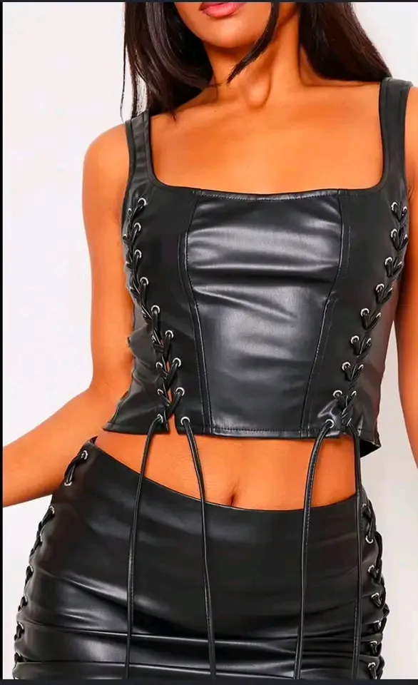 Crop top en lacets cuire noir avec fermeture éclair 2