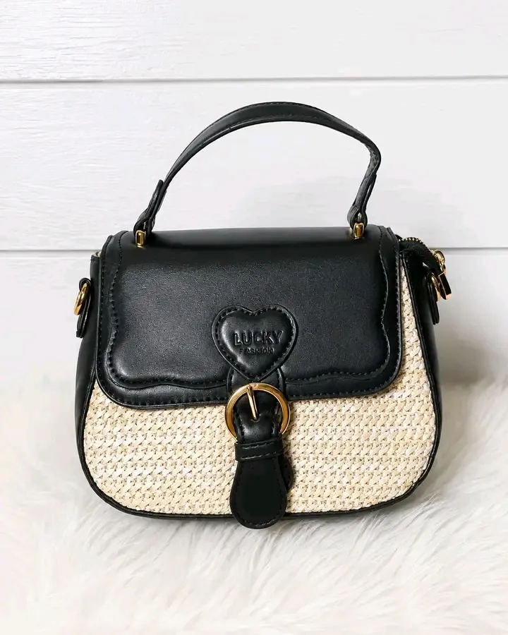 Sac à main paille et cuir noir